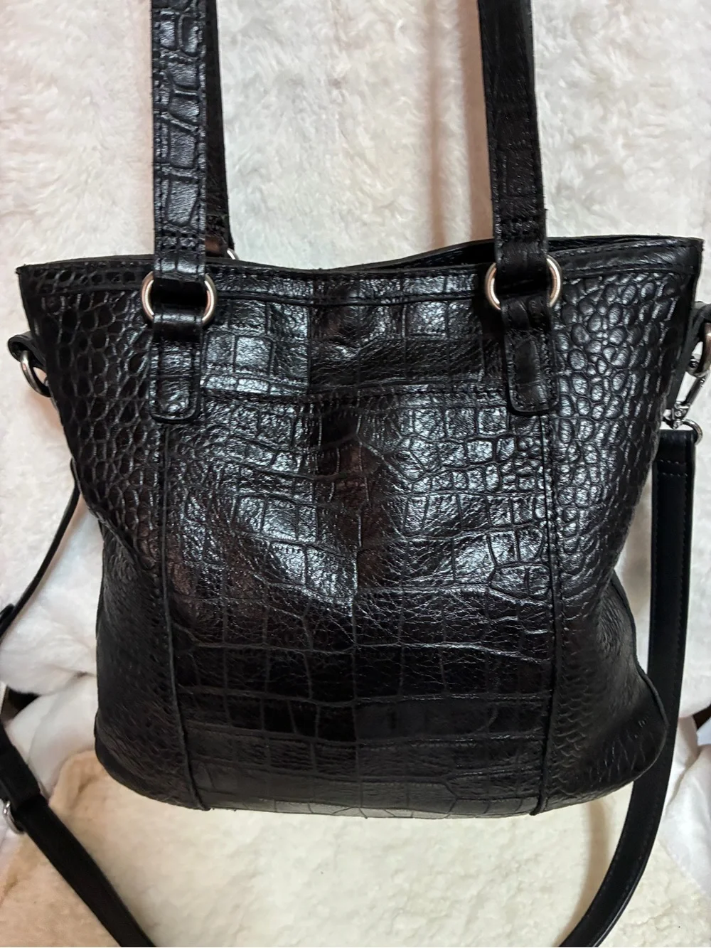 Patricia Nash Black Croc-Embossed Shoulder Bag with Gold Hardware